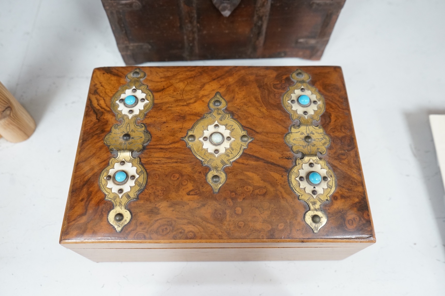 Two 19th century ivory and turquoise glass overlaid burr walnut boxes and an Indo colonial wrought iron mounted miniature chest, 28cm wide CITES Submission reference, T14WQFY5